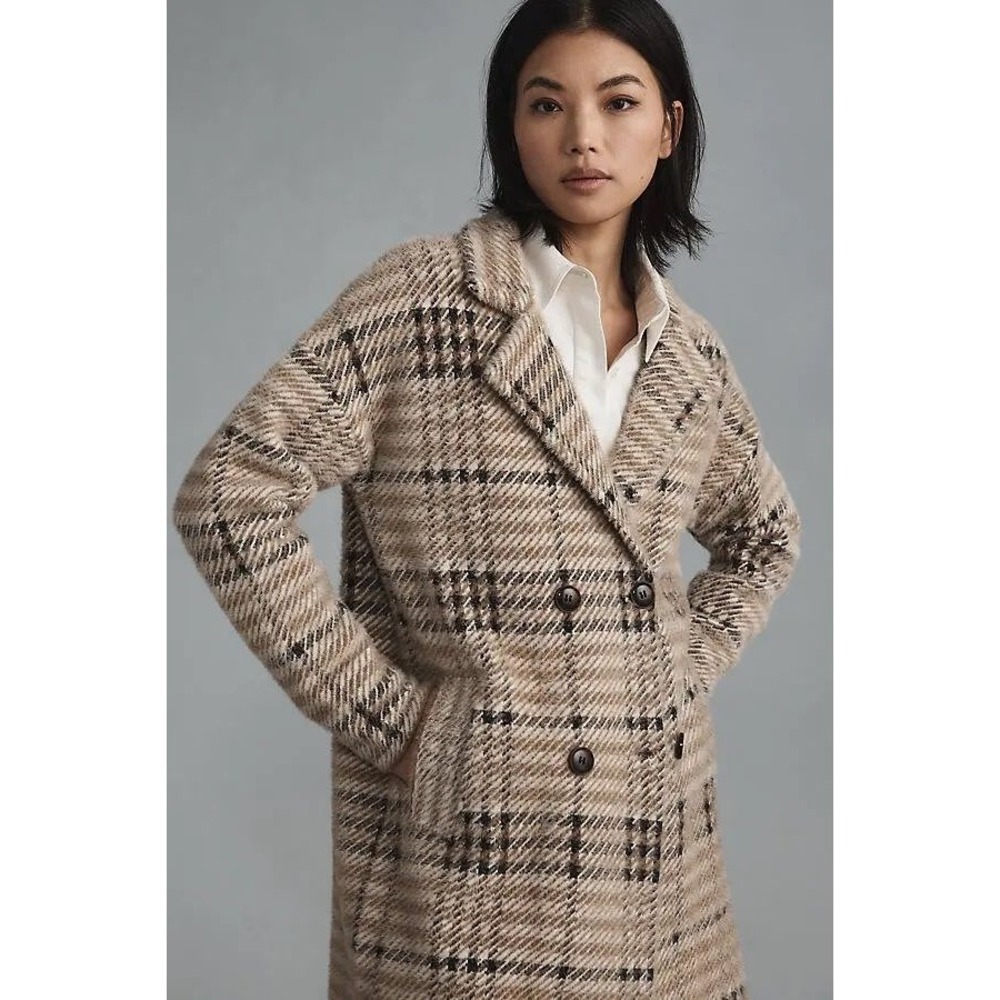 NWT Anthropologie NVLT Eyelash Knit‎ Plaid Double Breasted Coat Jacket XL $168